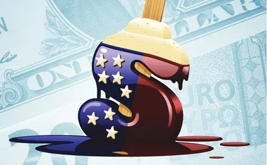 Melting ice cream in USD wrapper against a background of euros and dollars