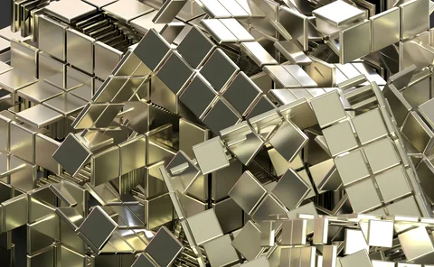 Abstract 3D rendering of interlocking gold metallic cubes and square tiles, reflecting light and forming a complex geometric structure