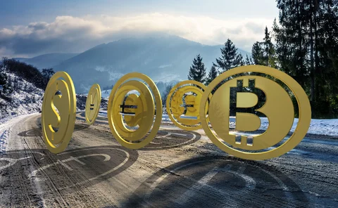 Bitcoin and major currency symbols race along a mountain road
