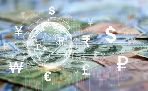 foreign currency symbols, globe and bank notes