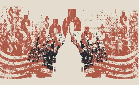 Grungy illustration of dollar symbols bisected by silhouette of US Senate