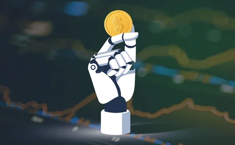 Blurry FX trading screen behind an illustration of a robot hand holding a dollar coin