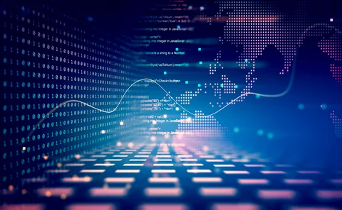 Digital rendition of binary code and Python text next to global map and an FX pricing curve