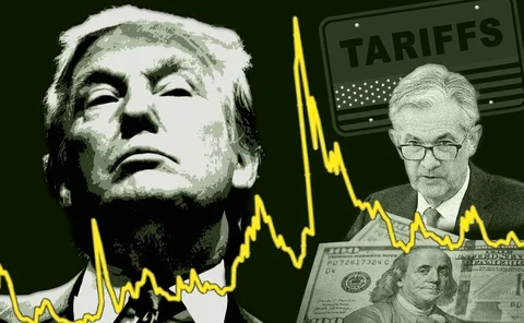 Collage of Trump and tariff sign, Jay Powell and US dollars either side of a volatility spike chart