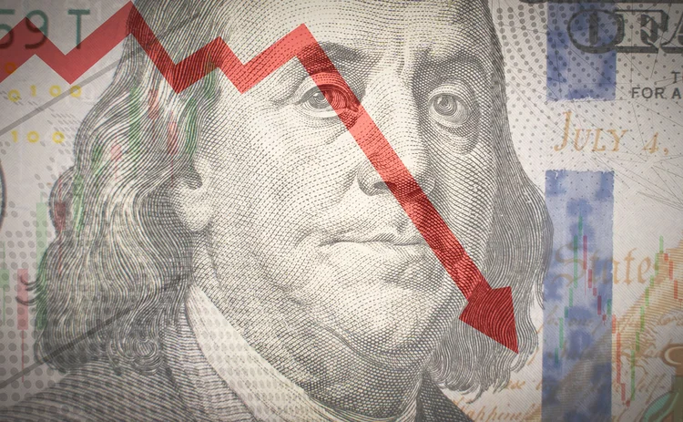 Dollar slump A dollar note with a downward pointing arrow overlaid